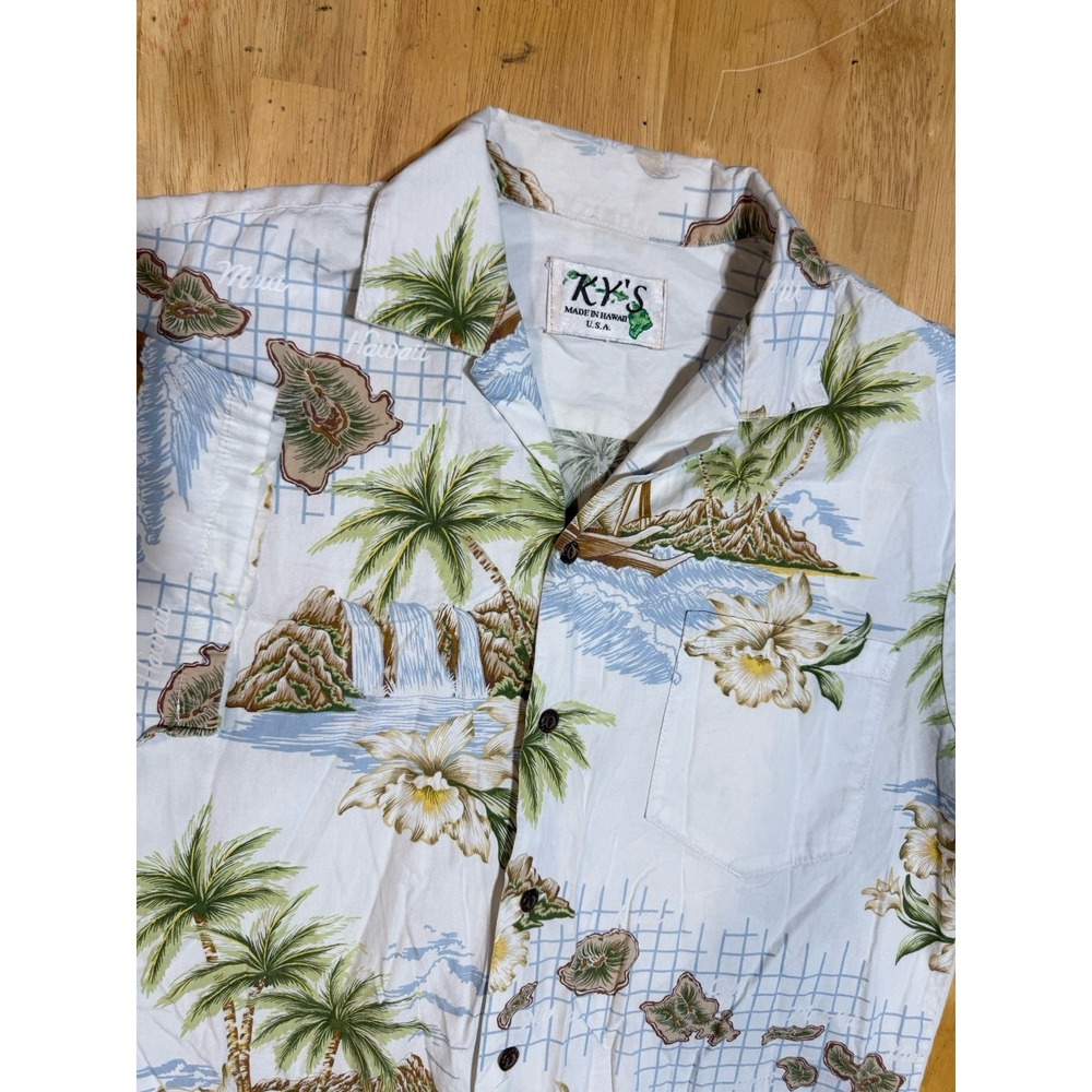 Vintage KY's Hawaiian Shirt Mens L Hawaii Map White Tropical Aloha Made in USA